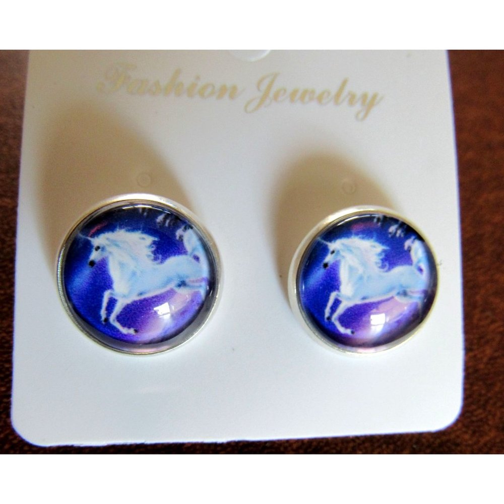 3 Piece Set Unicorn Silver Tone Glass Cabochon Jewelry Necklace Bracelet Earring - Picture 4 of 5